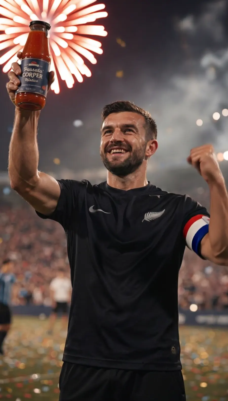 Jugador con la cinta de capitán levantando una botella de Corper en un estadio