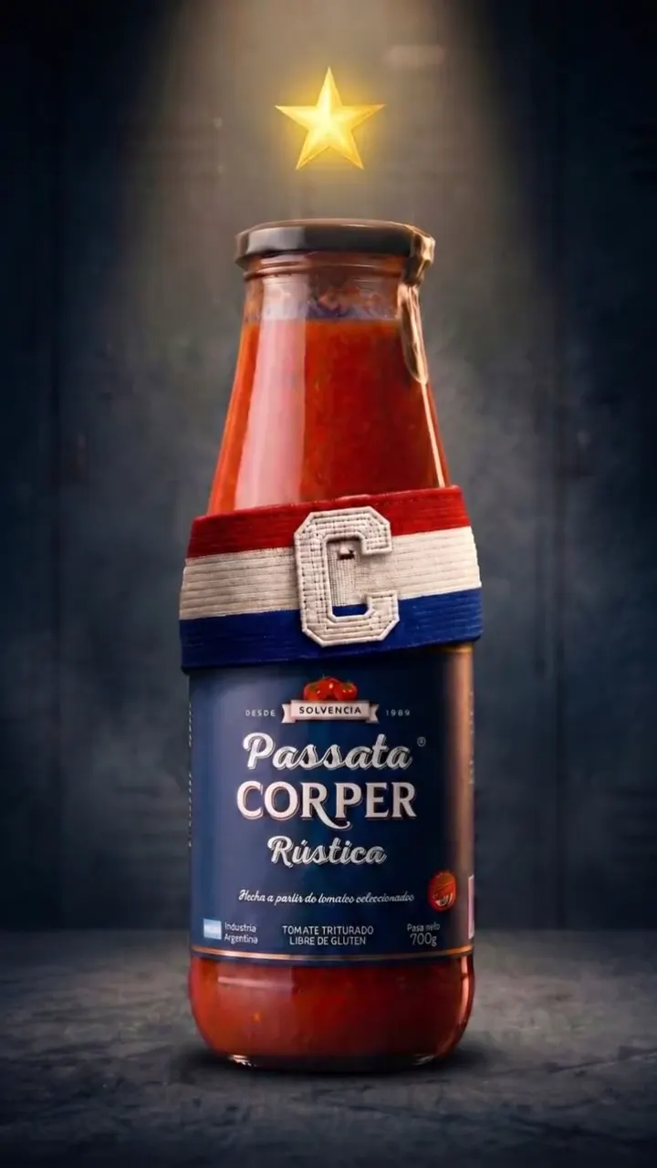 Botella de Passata Corper con cinta de capitán bajo un foco