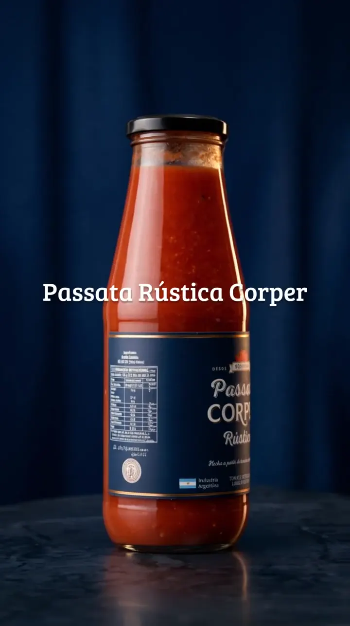 Botella de Passata Corper sobre fondo azul oscuro