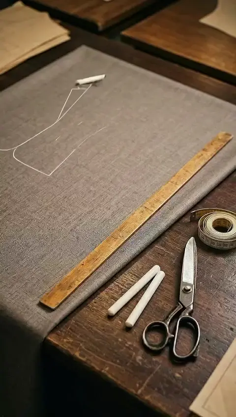 Mesa de sastrería con tiza, regla y tijera sobre tela