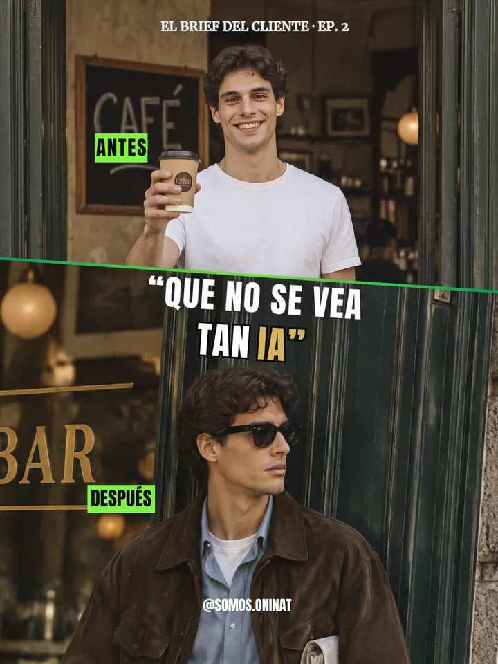 Portada del episodio 2 de El brief del cliente: antes y después de un hombre en la puerta de un café